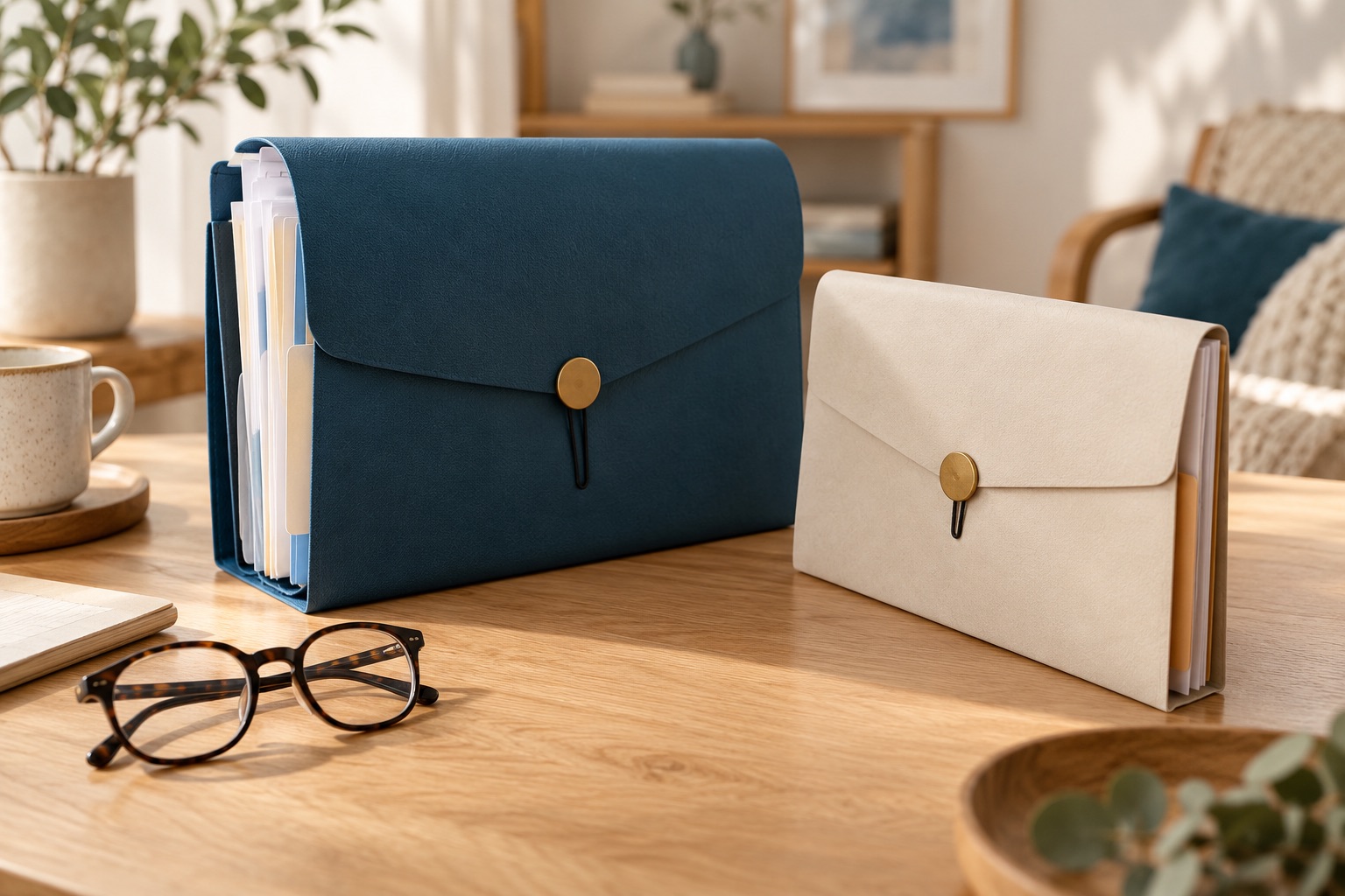 Deux pochettes de garanties sans texte et des lunettes simples, composition comparative naturelle sur fond crème. Illustration générée.