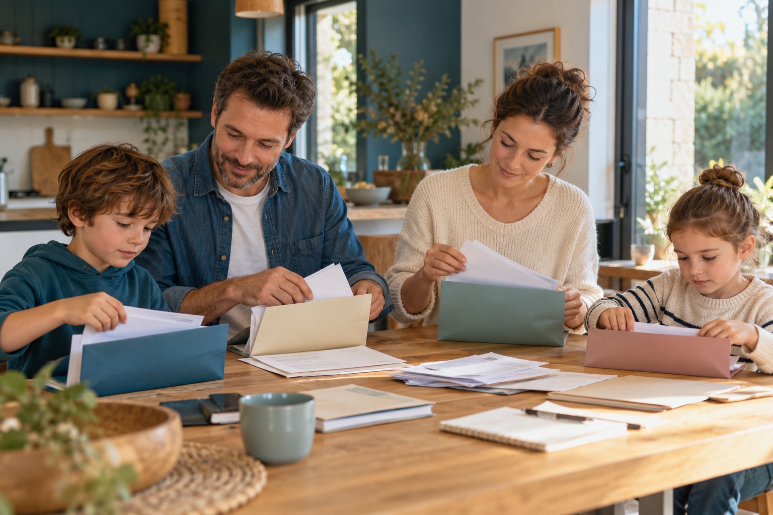 Une famille prépare calmement des pochettes distinctes à une grande table de cuisine ; aucun document lisible. Illustration générée.