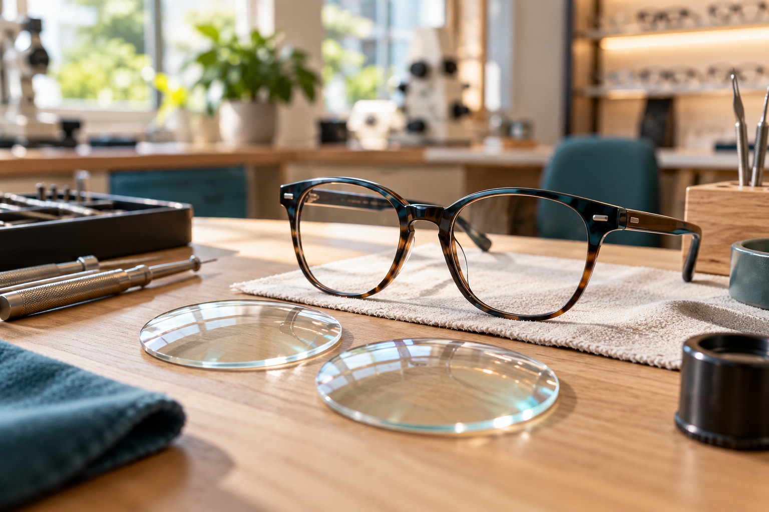 Gros plan éditorial sur une monture de lunettes sans marque et une paire de verres dans un atelier optique lumineux, sans texte. Illustration générée.