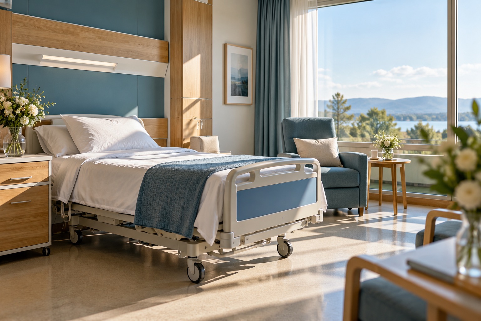 Chambre d’hôpital vide et lumineuse, lit fait, fauteuil près de la fenêtre, sans patient ni dispositif invasif ni marque. Illustration générée.
