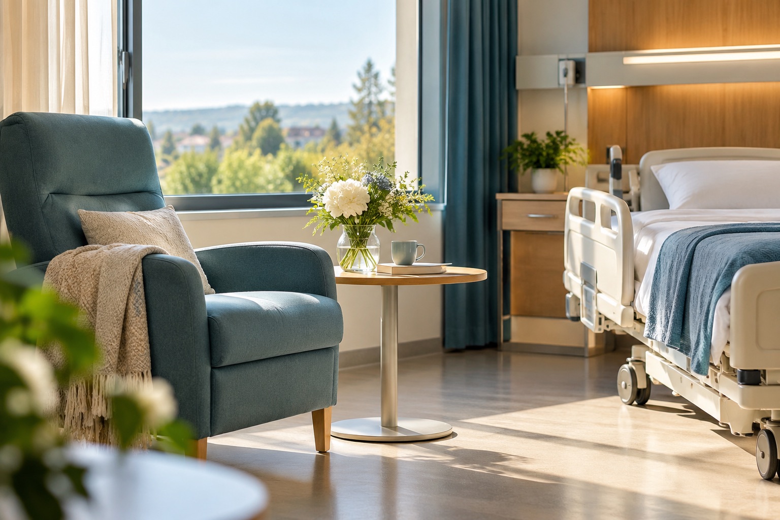 Un fauteuil et une petite table près d’une fenêtre de chambre hospitalière vide, atmosphère lumineuse sans patient ni scène médicale. Illustration générée.