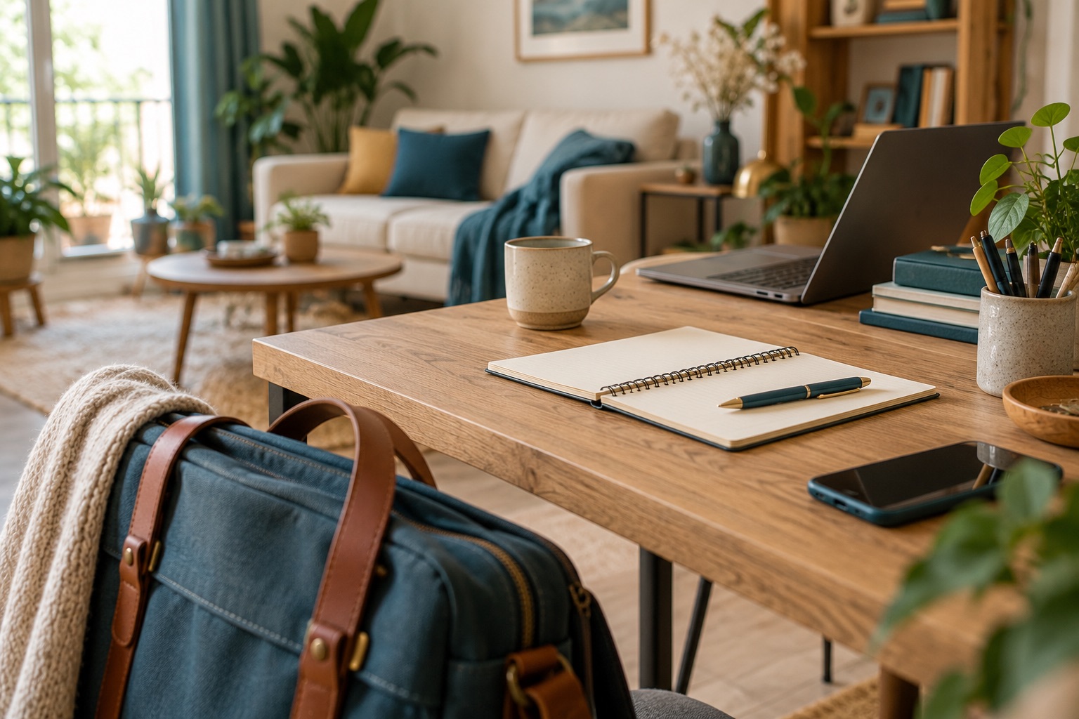 Un espace de travail indépendant dans un logement, petit bureau et carnet de dépenses vierge, sac de travail au premier plan. Illustration générée.