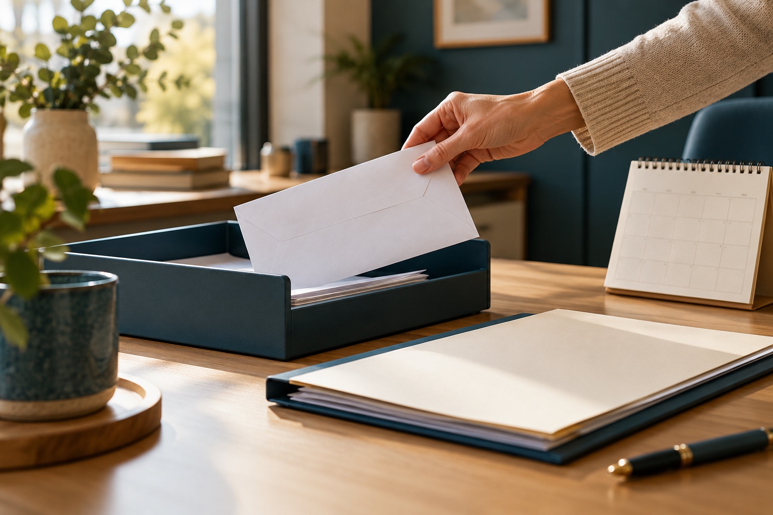 Main déposant une enveloppe neutre dans un plateau courrier, calendrier vierge et dossier de contrat sans inscriptions. Illustration générée.