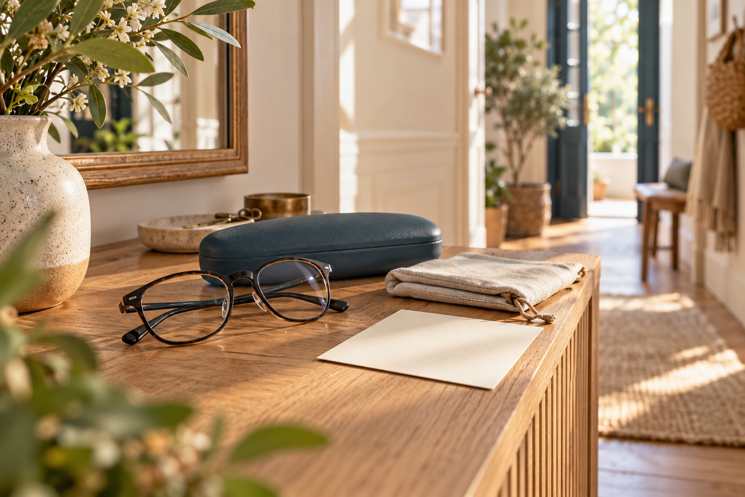 Lunettes, étui et carte d’appoint vierge sur une console lumineuse. Illustration générée.