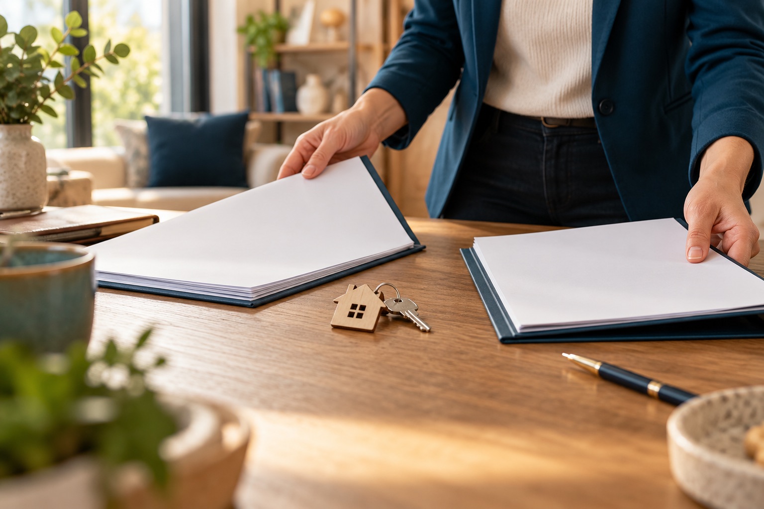 Deux dossiers de prêt vierges et une clé de maison, mains organisant un passage entre documents, intérieur chaleureux. Illustration générée.