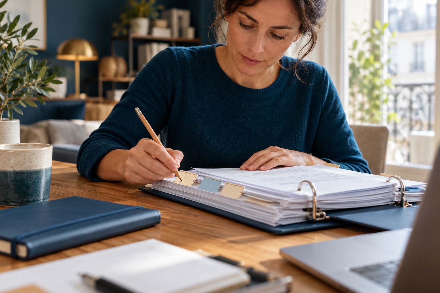 Une personne annote au crayon des onglets vierges dans un dossier de prêt sur un bureau, aucune lettre lisible ni marque bancaire. Illustration générée.