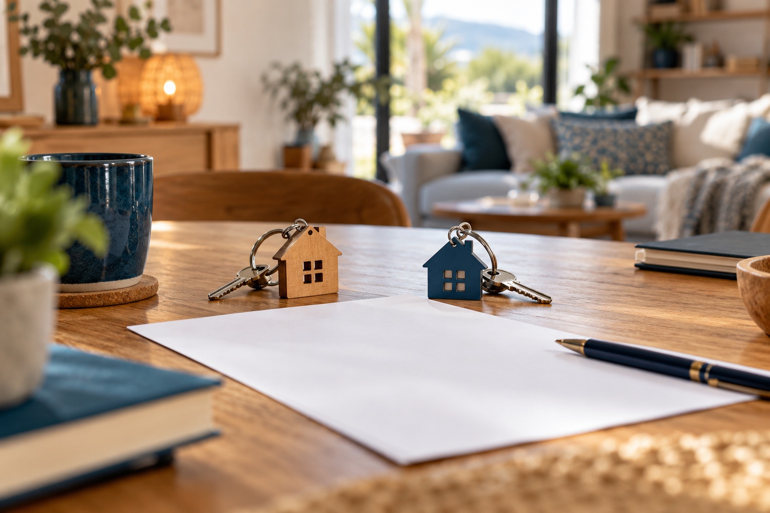 Deux porte-clés de maison distincts près d’un plan vierge, vue en profondeur sur une table familiale, sans pourcentage incrusté. Illustration générée.