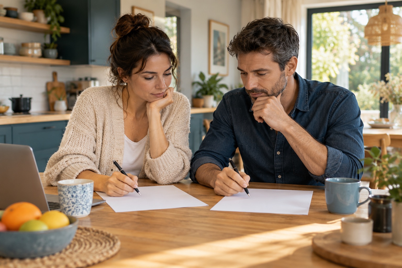Deux adultes préparant chacun une feuille de budget vierge à une table de cuisine, scène naturelle non commerciale. Illustration générée.
