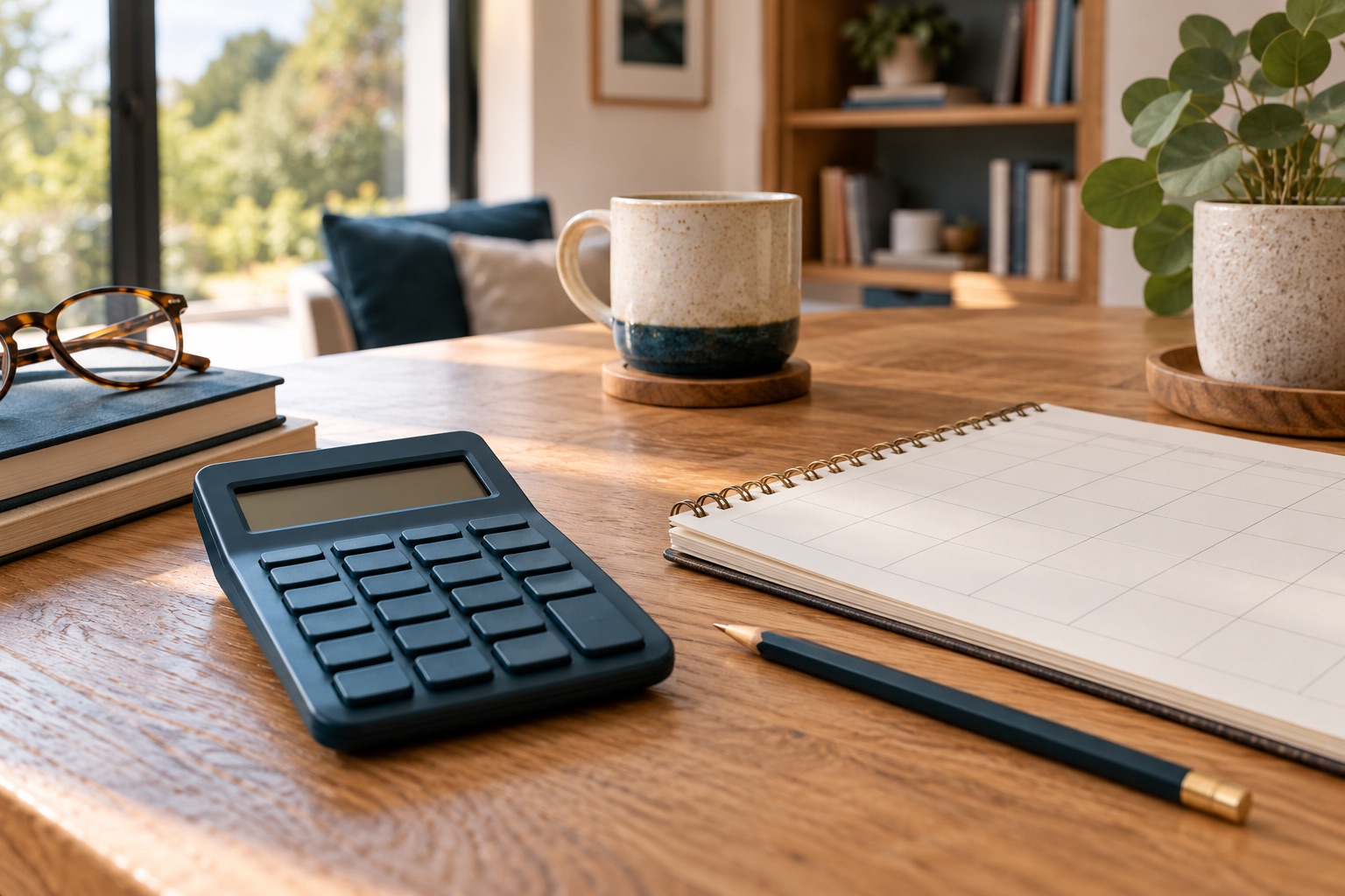 Calculatrice sans chiffres lisibles, échéancier vierge et crayon sur un bureau en chêne, photographie précise à lumière naturelle. Illustration générée.
