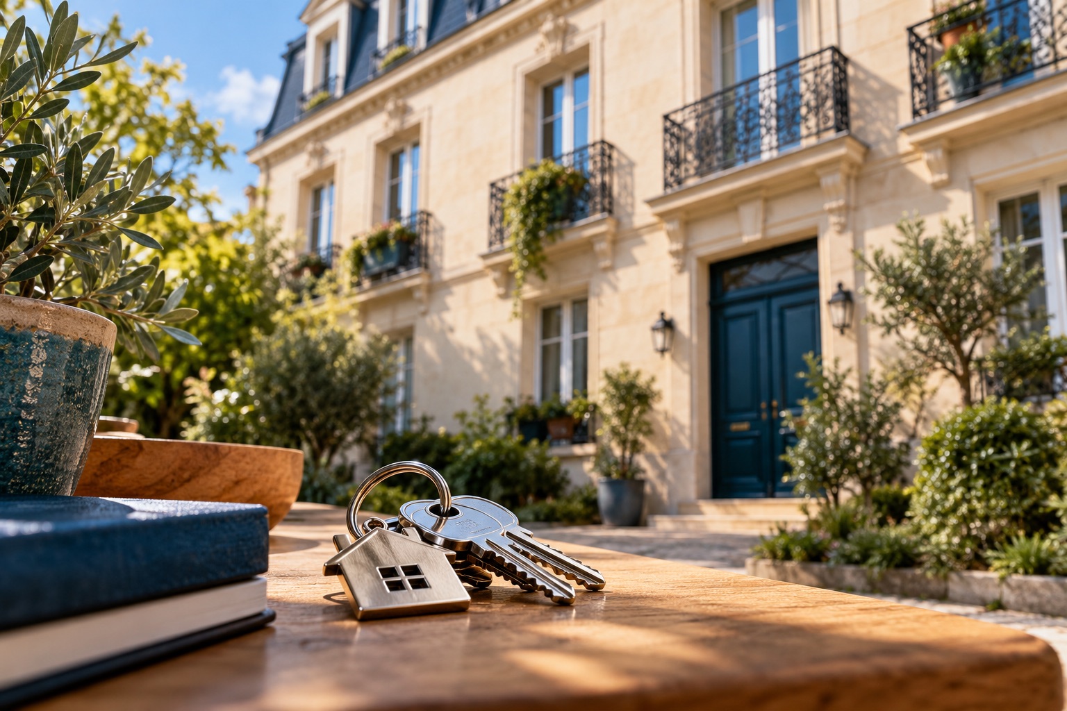 Façade de petit immeuble français et trousseau de propriétaire au premier plan, aucun logo ni personne identifiable. Illustration générée.