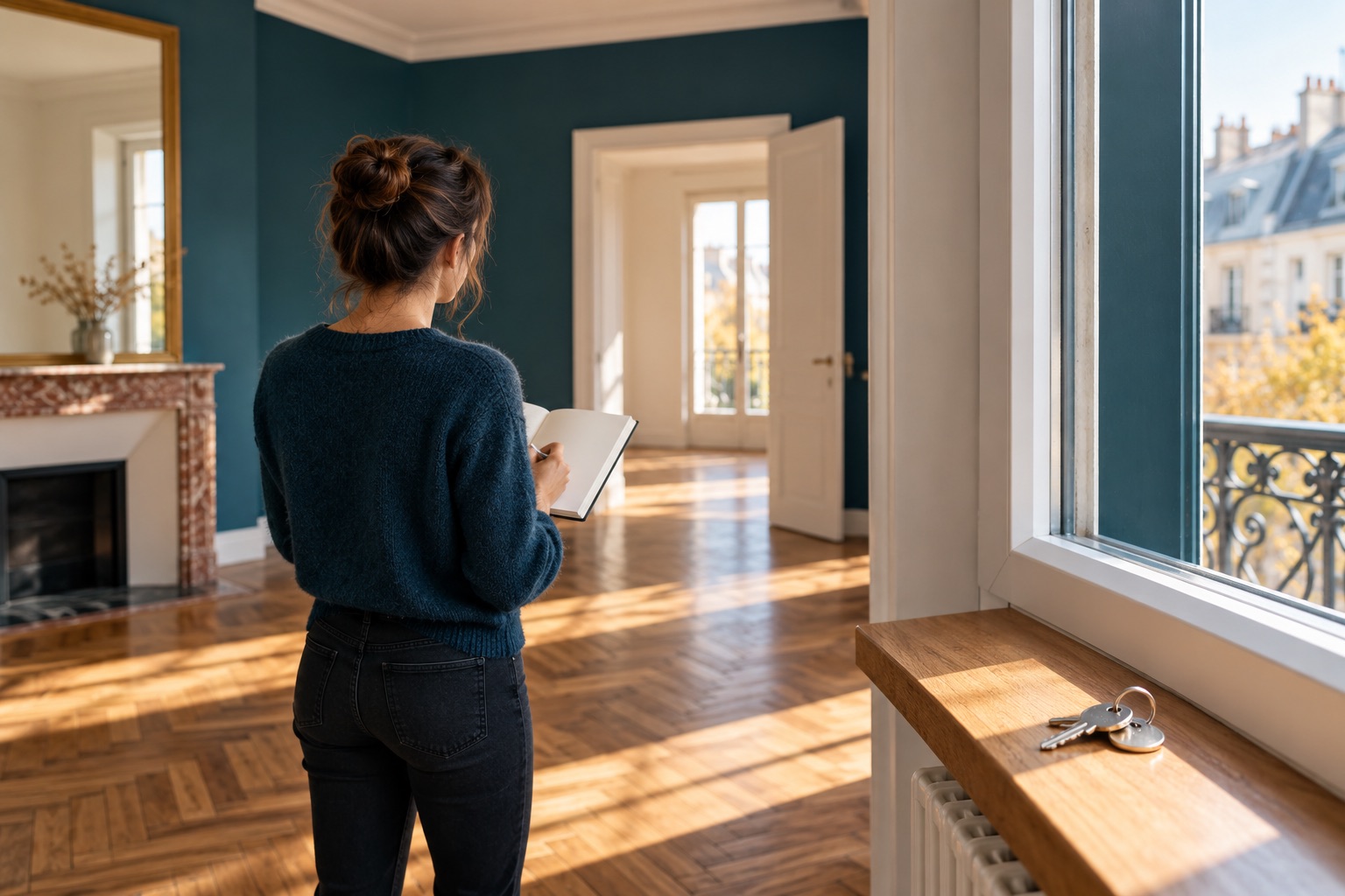 État des lieux fictif dans un appartement vide, personne de dos avec carnet vierge, une clé posée près de la fenêtre. Illustration générée.