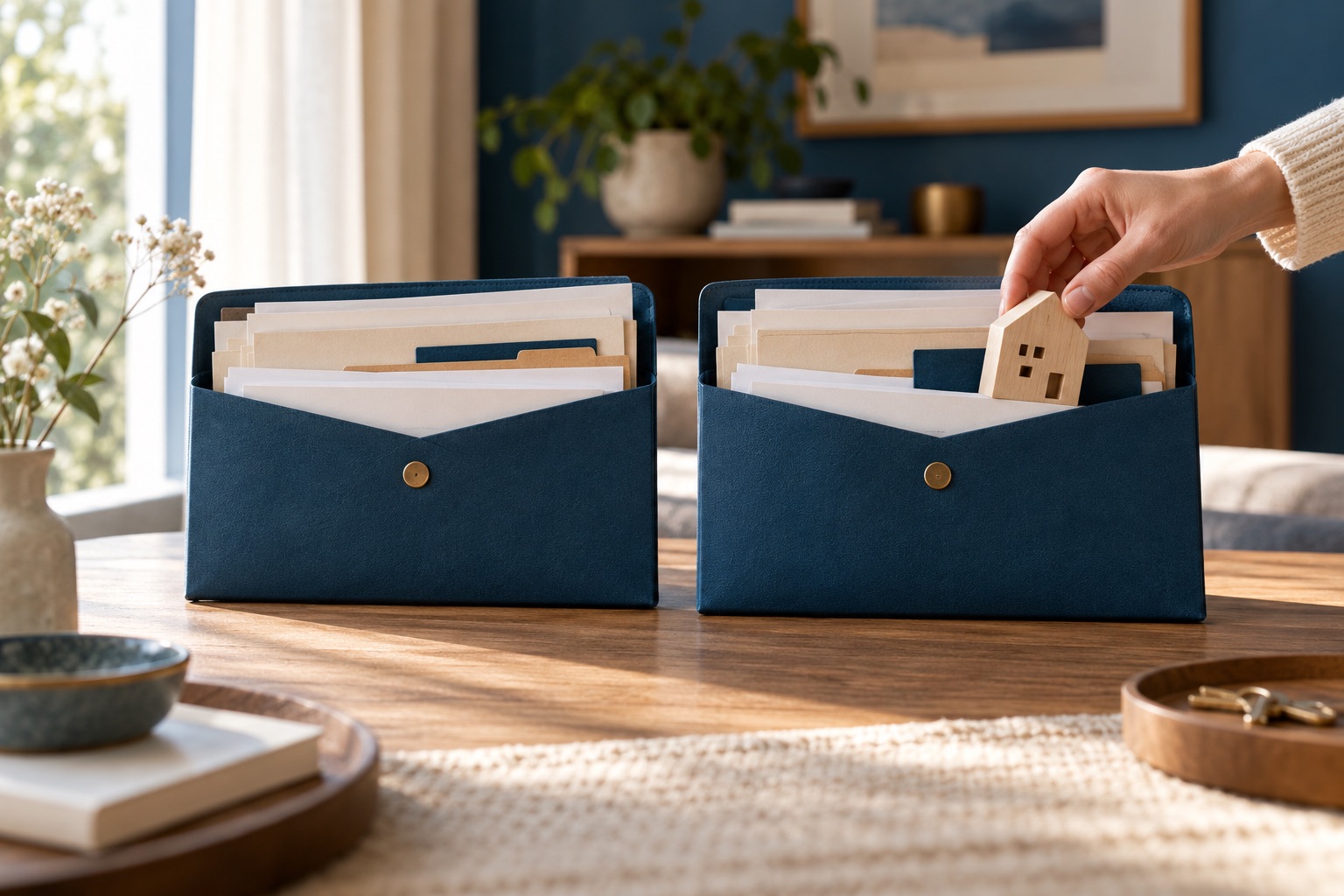 Deux pochettes de contrat identiques avec un petit objet retiré de l’une, nature morte sobre sans symbole ni texte. Illustration générée.