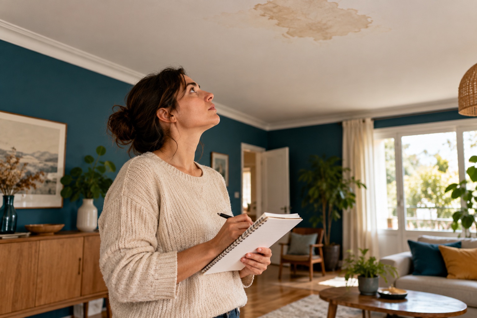 Une petite auréole réaliste sur un plafond clair, personne tenant un carnet au bas du cadre sans escalade ni danger électrique. Illustration générée.