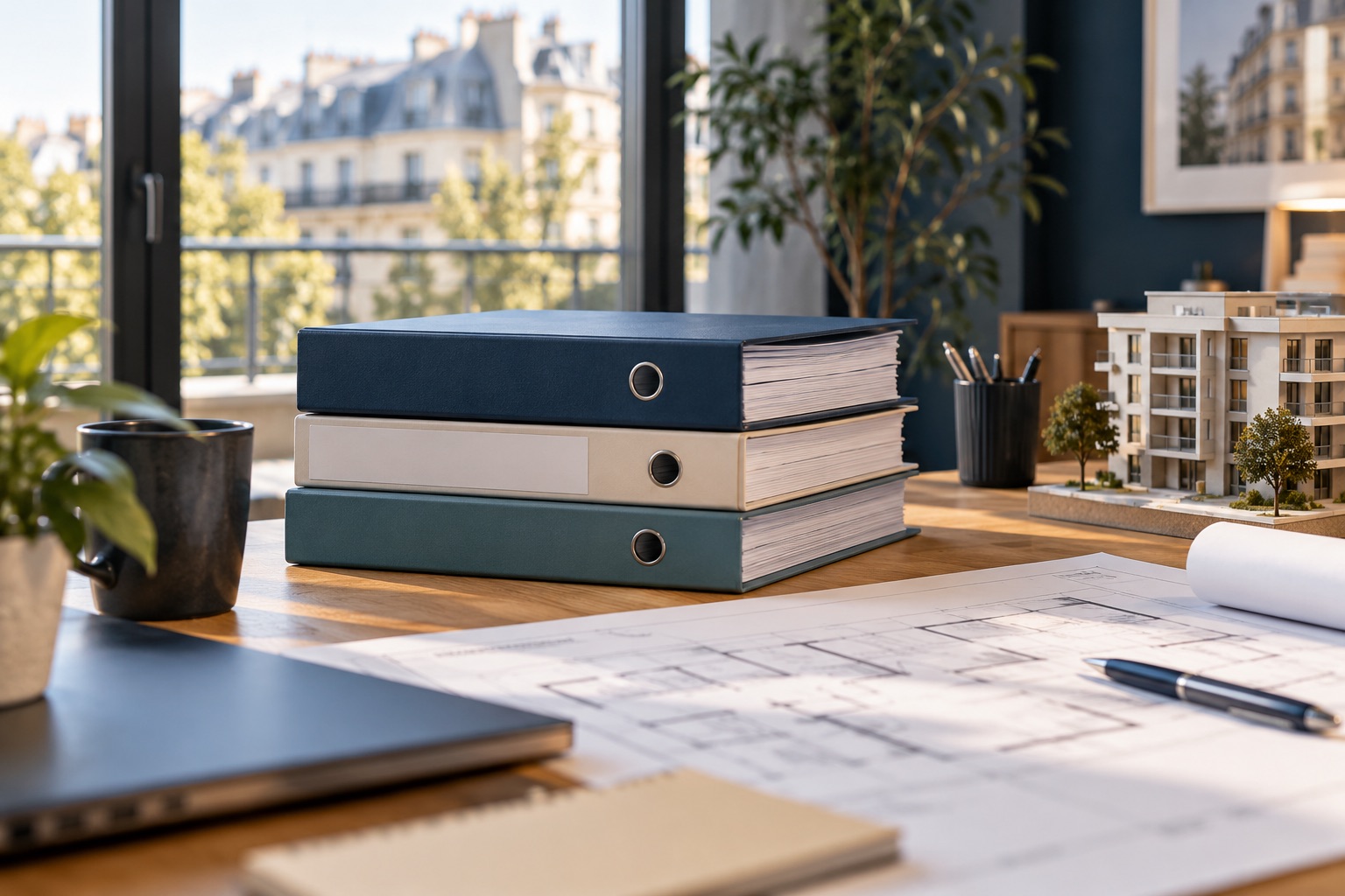 Trois dossiers neutres reliés sur une table de gestion d’immeuble avec un plan vierge, composition documentaire sans logo ni texte. Illustration générée.