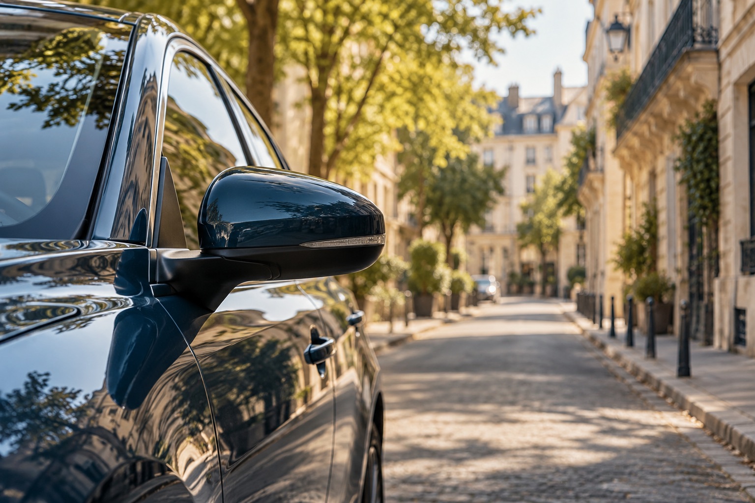 Une voiture générique stationnée dans une rue calme, rétroviseur au premier plan, profondeur de ville sans accident ni plaque lisible. Illustration générée.