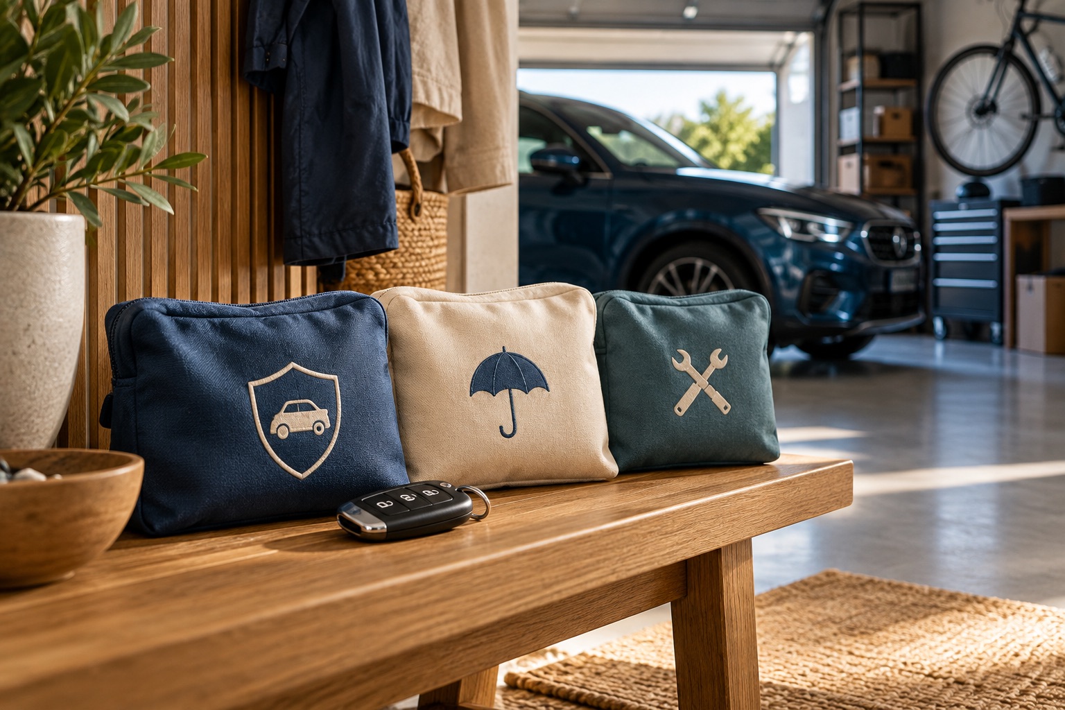 Clé de voiture et trois pochettes neutres de protections différentes sur un banc d’entrée, fond de garage calme sans texte. Illustration générée.