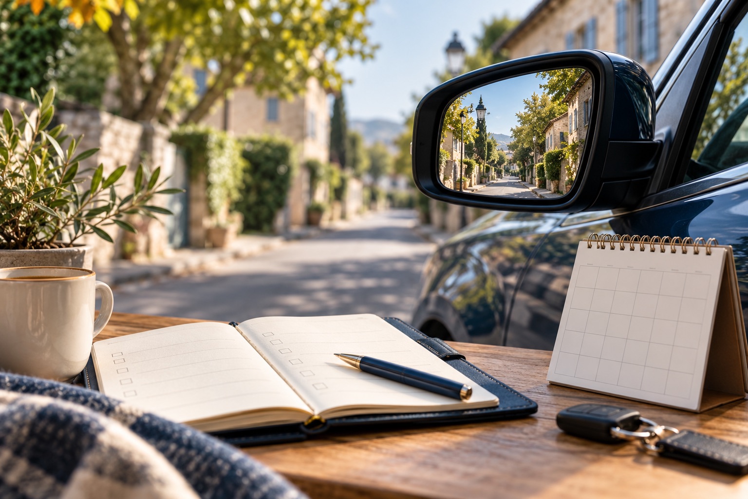 Rétroviseur d’une voiture stationnée reflétant une rue calme, carnet de suivi et calendrier vierge au premier plan, aucun taux écrit. Illustration générée.