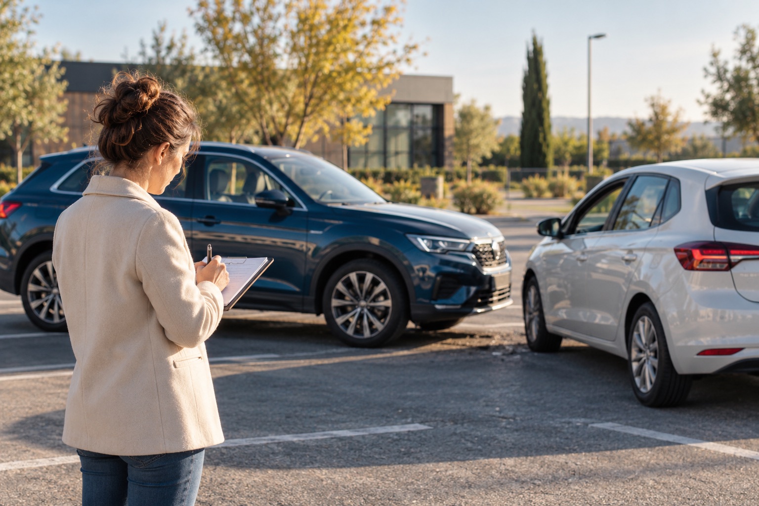 Deux véhicules génériques immobiles à distance sur un parking sécurisé, une personne prend des notes loin de la circulation, aucun blessé. Illustration générée.