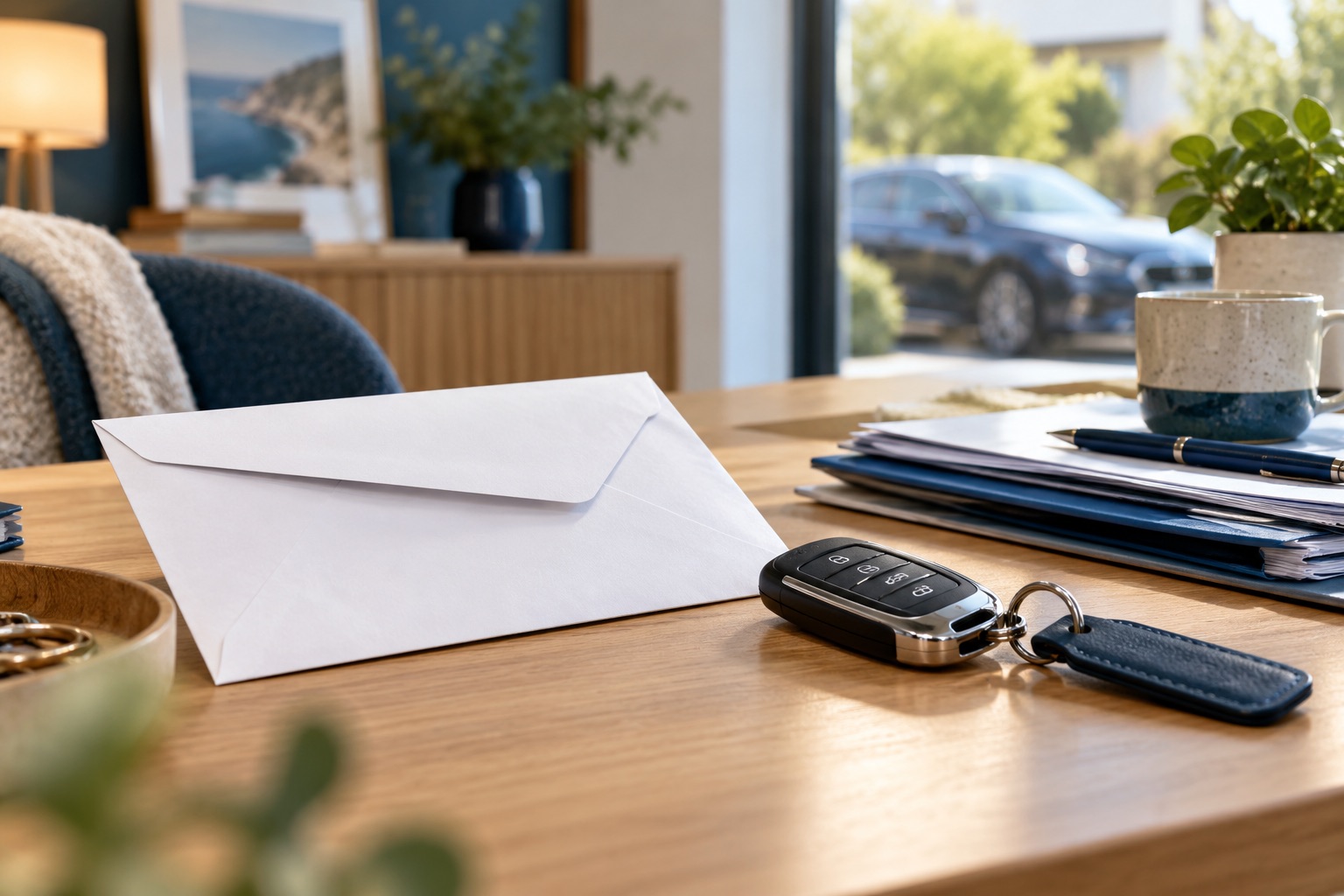 Enveloppe de relance sans texte près d’une clé de voiture posée au repos sur une console, scène calme de remise en ordre administratif. Illustration générée.