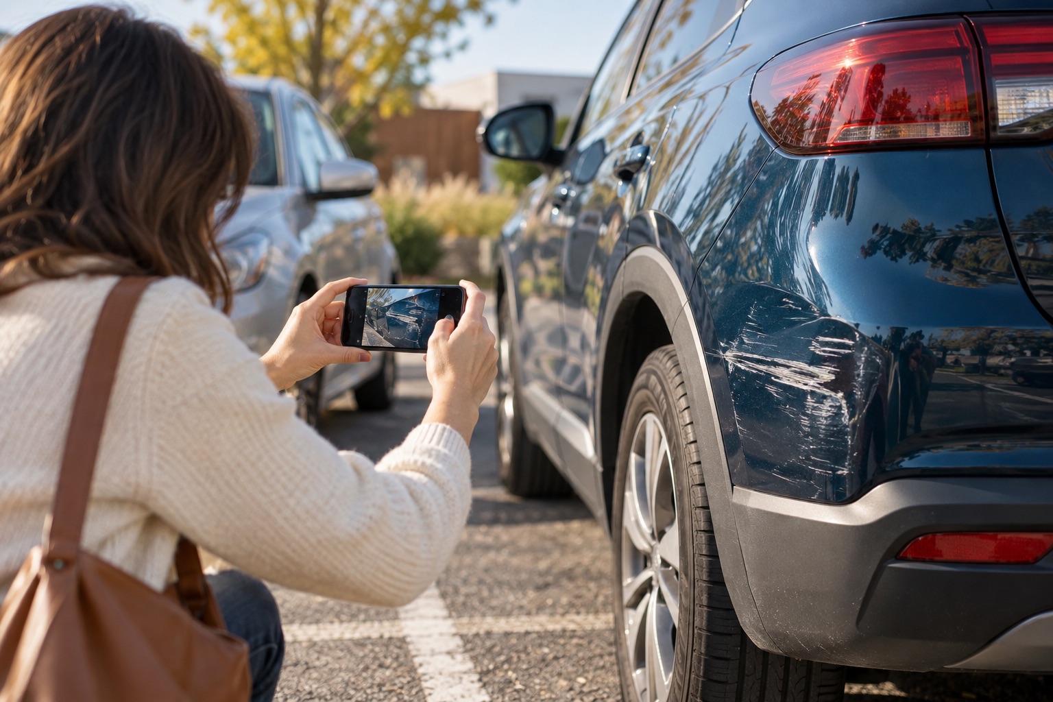 Une voiture générique légèrement rayée sur un parking sûr, personne photographiant les traces à distance, aucun blessé ni plaque lisible. Illustration générée.