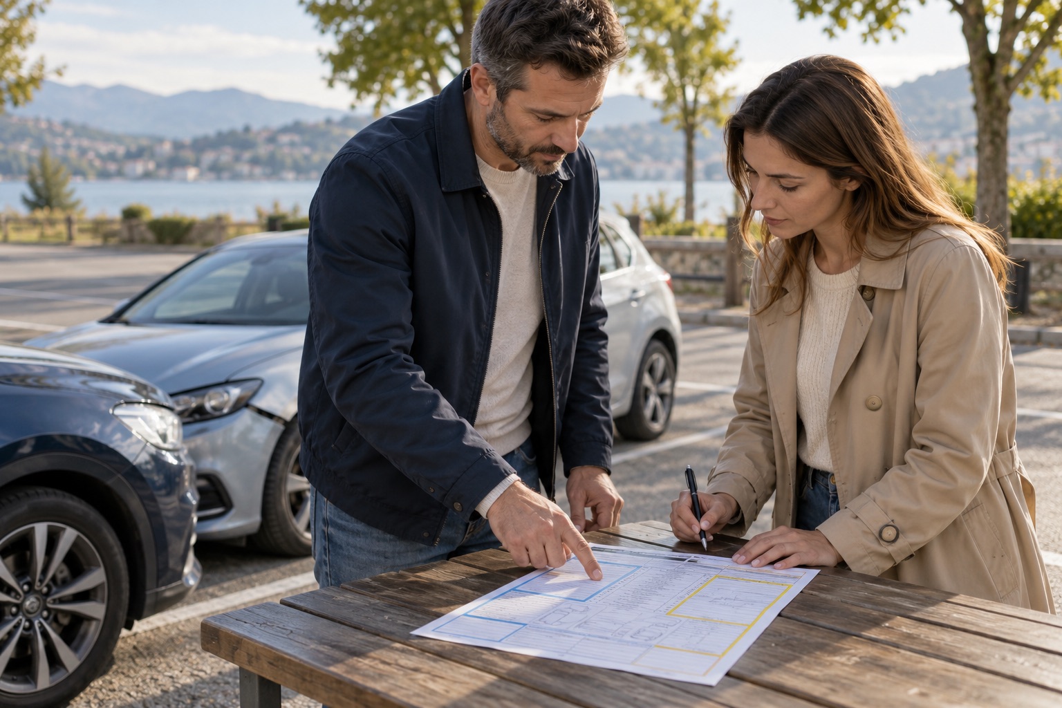 Deux conducteurs debout en sécurité à côté d’une table de parking, constat entièrement illisible et croquis sans détails lisibles, aucune circulation proche. Illustration générée.