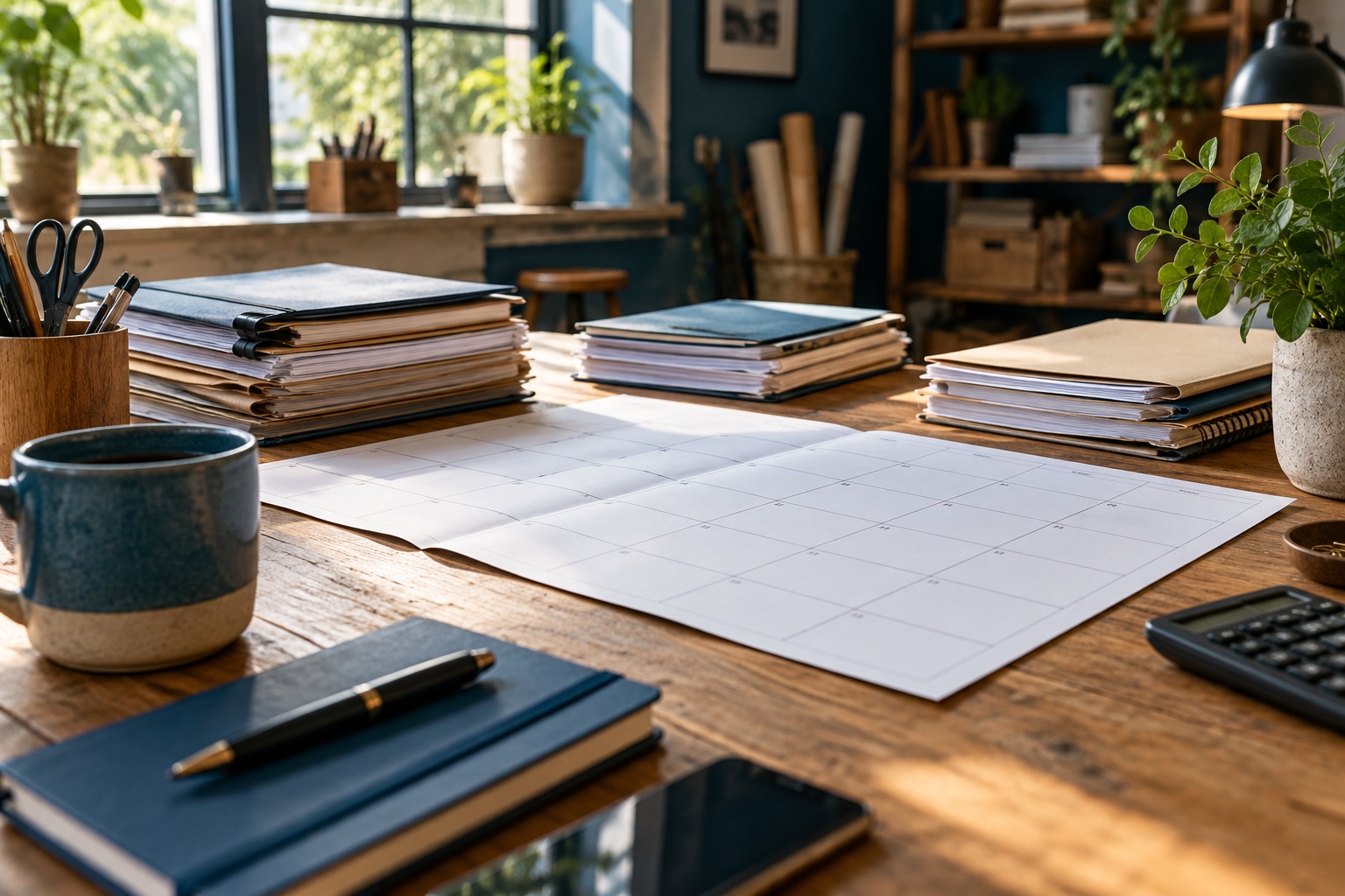 Calendrier vierge déplié sur un établi de travail avec trois petites piles de dossiers, aucune somme ni date lisible. Illustration générée.