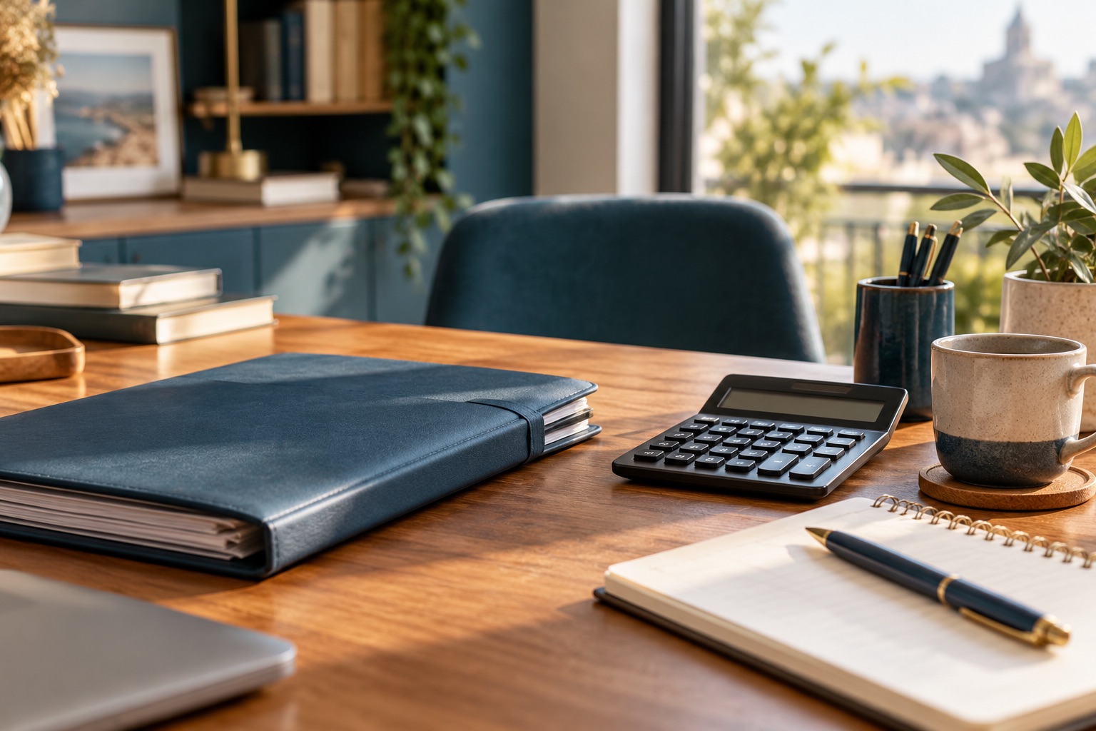 Dossier fiscal fermé, calculatrice neutre et carnet de budget sur un bureau d’indépendant, aucun formulaire officiel copié ni chiffre lisible. Illustration générée.