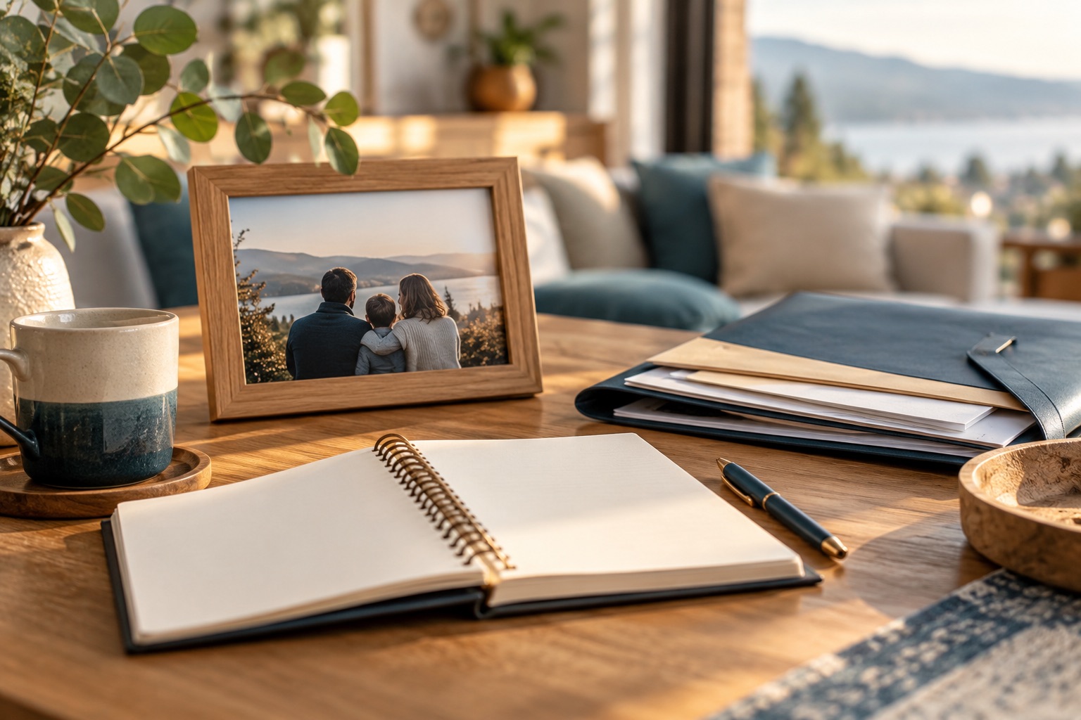 Un carnet familial vierge, une petite photo de famille tournée dos au cadre et une pochette de documents sur une table chaleureuse. Illustration générée.
