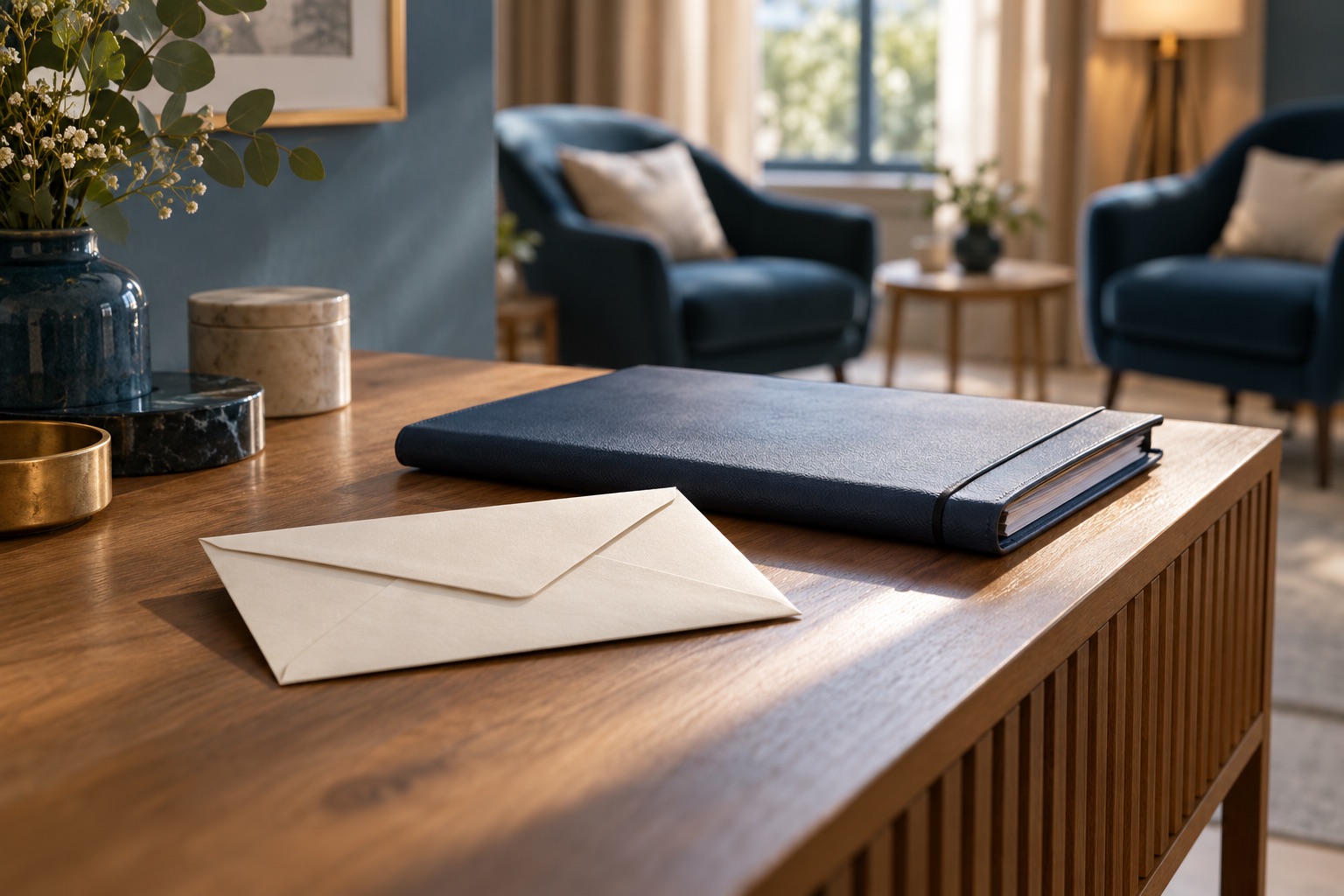 Enveloppe familiale fermée et dossier de prévoyance sans texte sur une console, deux chaises en arrière-plan, scène de confidentialité. Illustration générée.