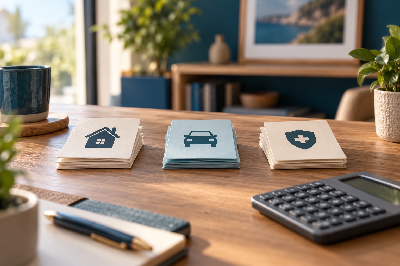 Trois petits ensembles de cartes et une calculatrice neutre sur un bureau, comparaison sans chiffres ni graphique de données. Illustration générée.