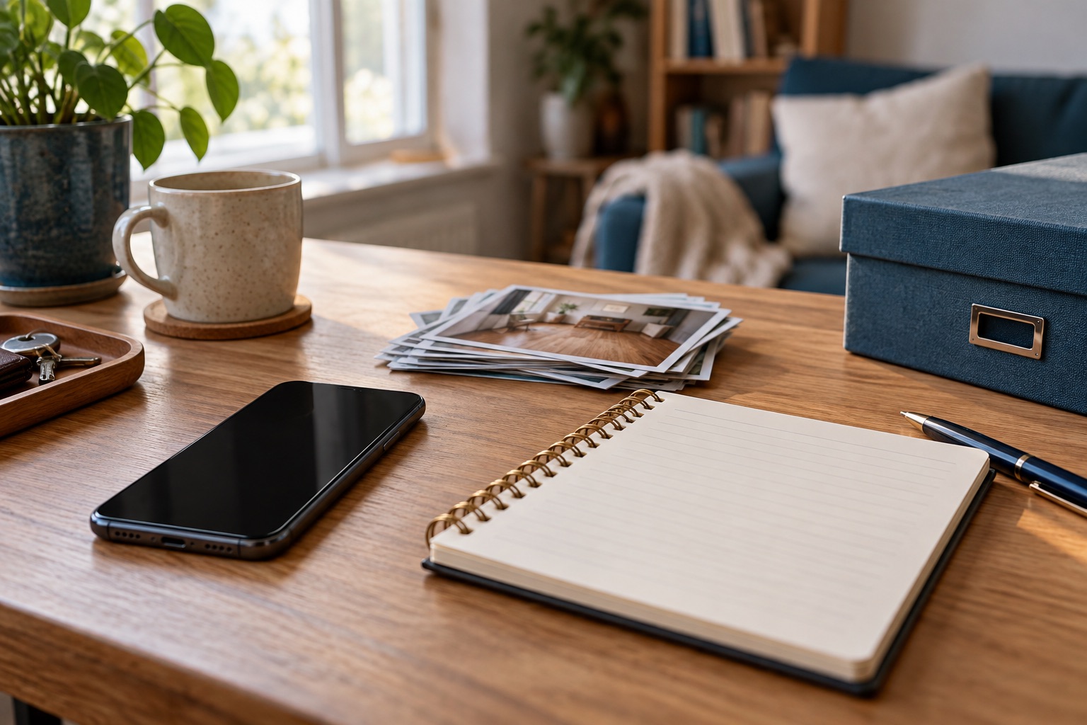 Un téléphone éteint, carnet de suivi vierge et petite pile de photos retournées sur un bureau, atmosphère de préparation méthodique. Illustration générée.