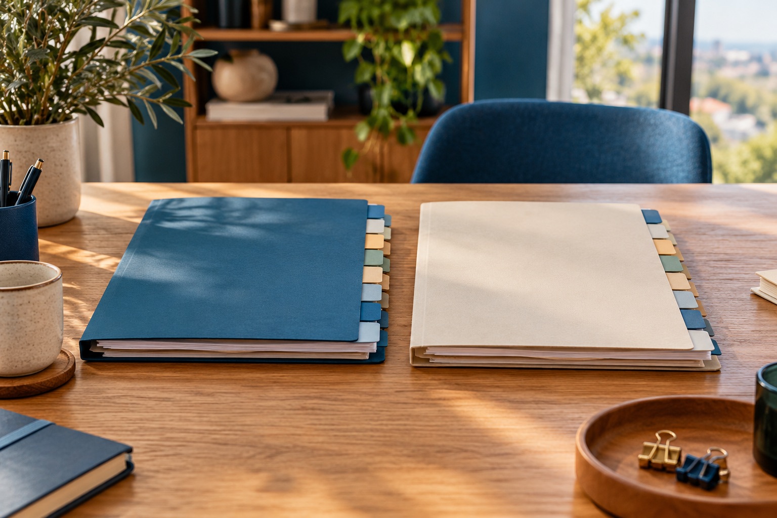 Deux dossiers vierges alignés avec dix petits onglets sobres sur un bureau, sans texte ni note attribuée à un assureur. Illustration générée.