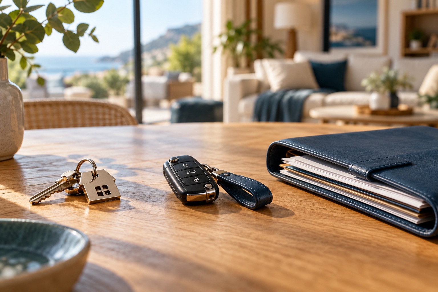 Clé de logement, clé automobile et pochette de prêt séparées sur une table, trois univers du quotidien sans pictogramme légal ni texte. Illustration générée.