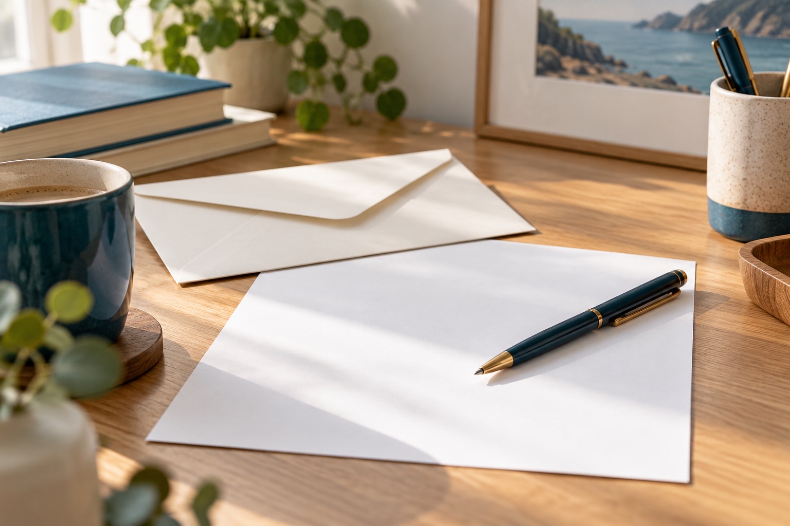 Enveloppe neutre, stylo et feuille blanche sur un bureau lumineux, composition de courrier simple sans adresse ou signature réelle. Illustration générée.