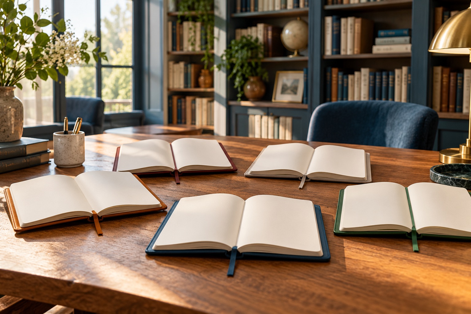 Cinq petits carnets de catégories distinctes ouverts sur des pages vierges, bibliothèque lumineuse en arrière-plan, aucun mot généré. Illustration générée.