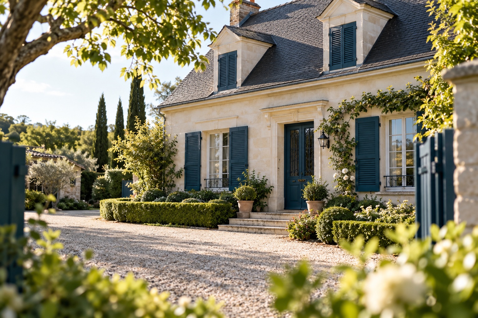 Maison française calme avec volets partiellement fermés, jardin entretenu et allée vide, lumière naturelle sans signe d’abandon. Illustration générée.