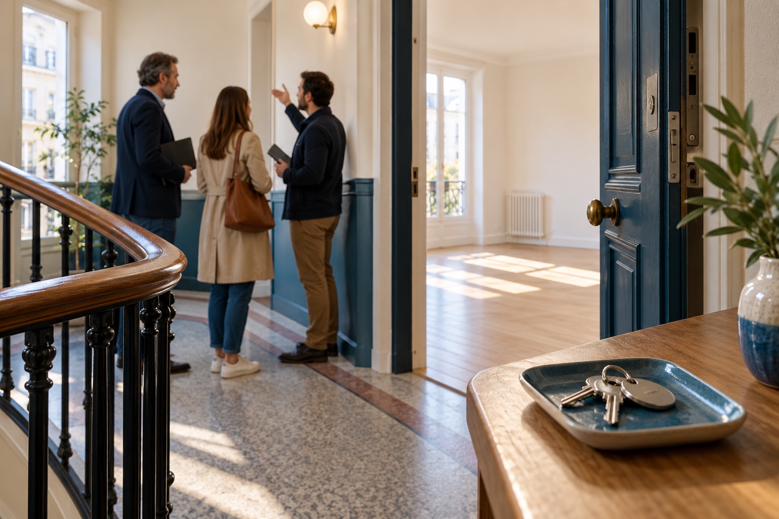Palier lumineux d’un petit immeuble et porte d’appartement ouverte sur une pièce vide, trousseau neutre au premier plan. Illustration générée.