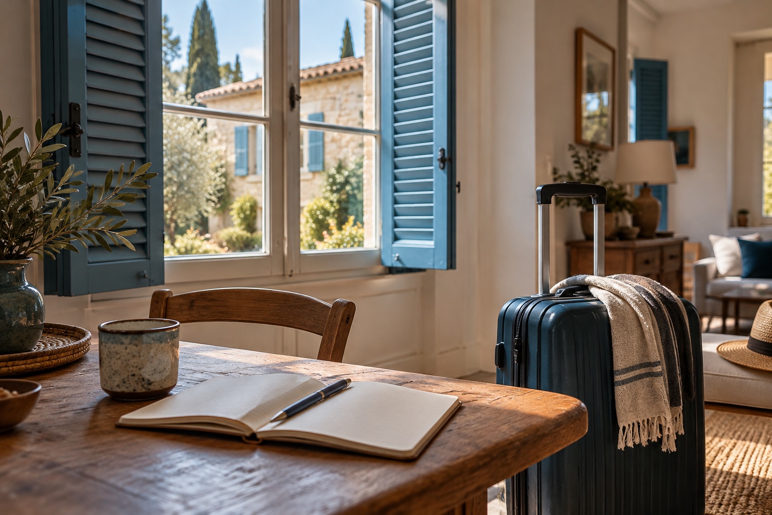 Volets et fenêtre d’une maison calme avec une valise et un carnet vierge à l’intérieur, photographie d’absence longue sans texte. Illustration générée.