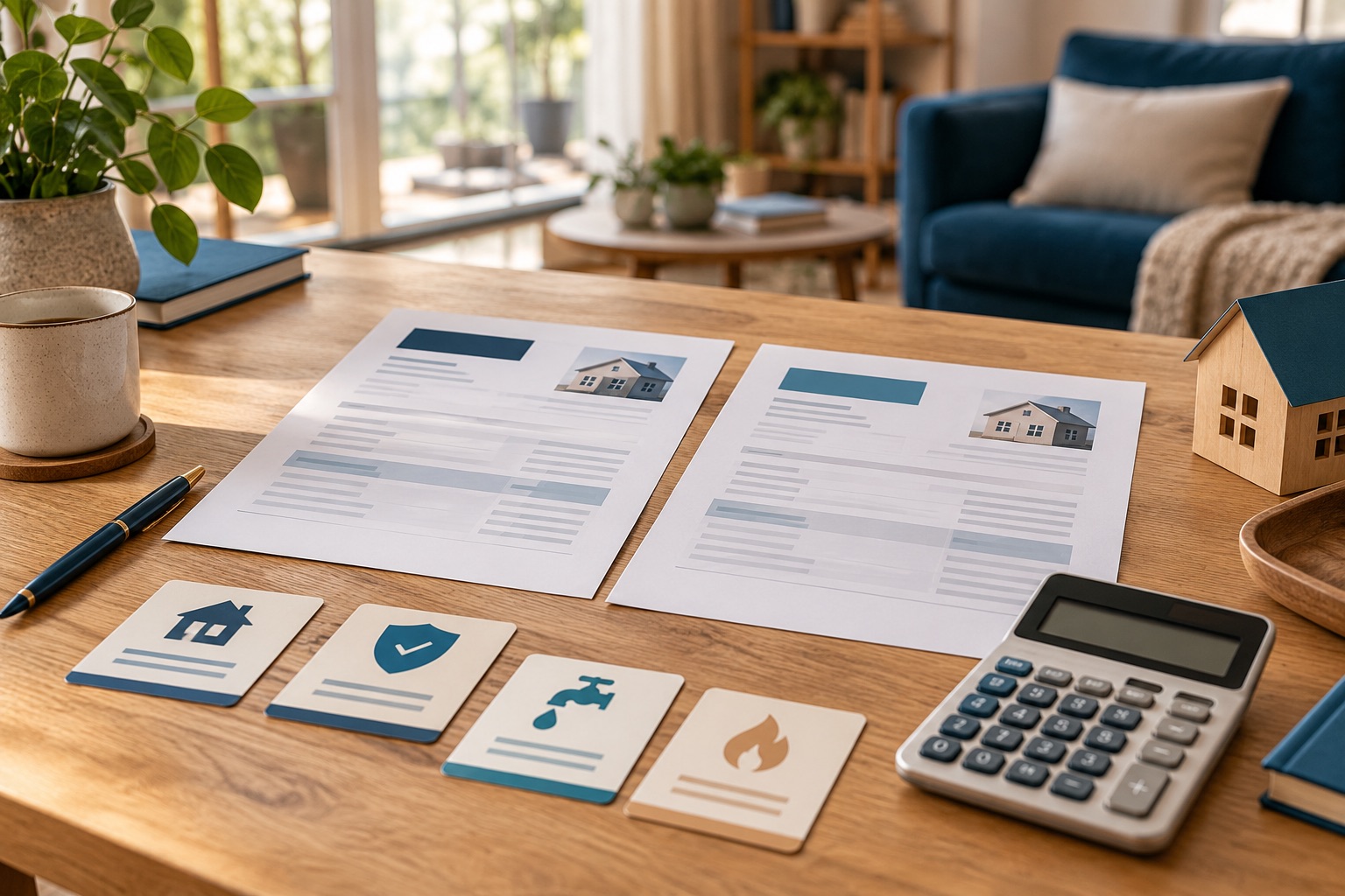 Deux devis vierges côte à côte, calculatrice neutre et petites cartes de comparaison sur une table, aucune somme lisible. Illustration générée.