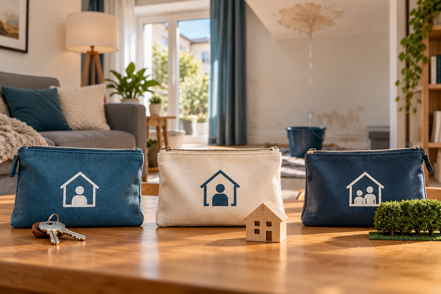 Trois pochettes neutres représentant les acteurs d’un logement, petite tache d’eau visible au fond sans dégât spectaculaire, aucune personne accusée. Illustration générée.