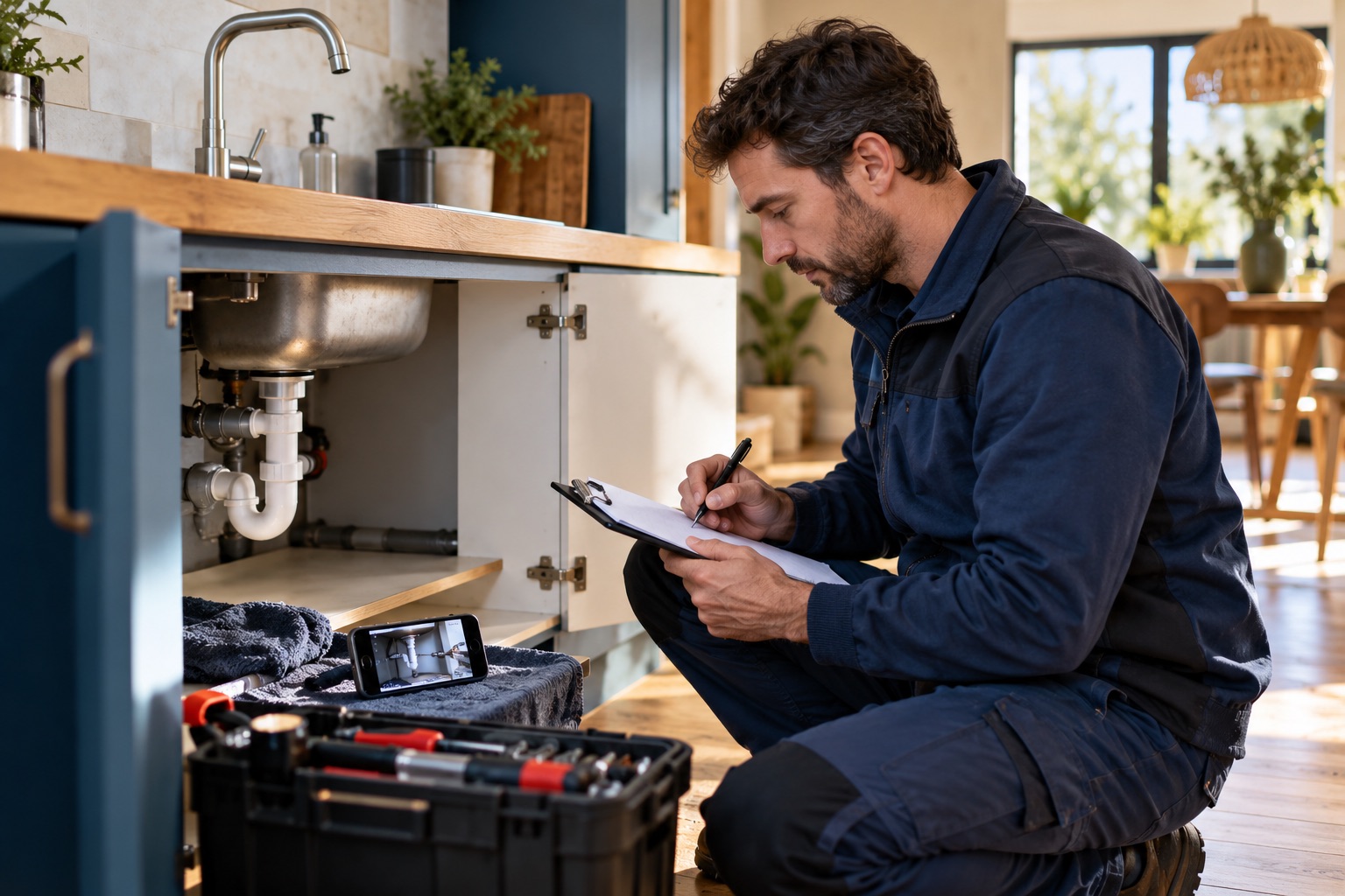 Technicien rédigeant un rapport vierge près d’un évier inspecté, outil rangé et photos illisibles, aucune marque ni donnée client. Illustration générée.