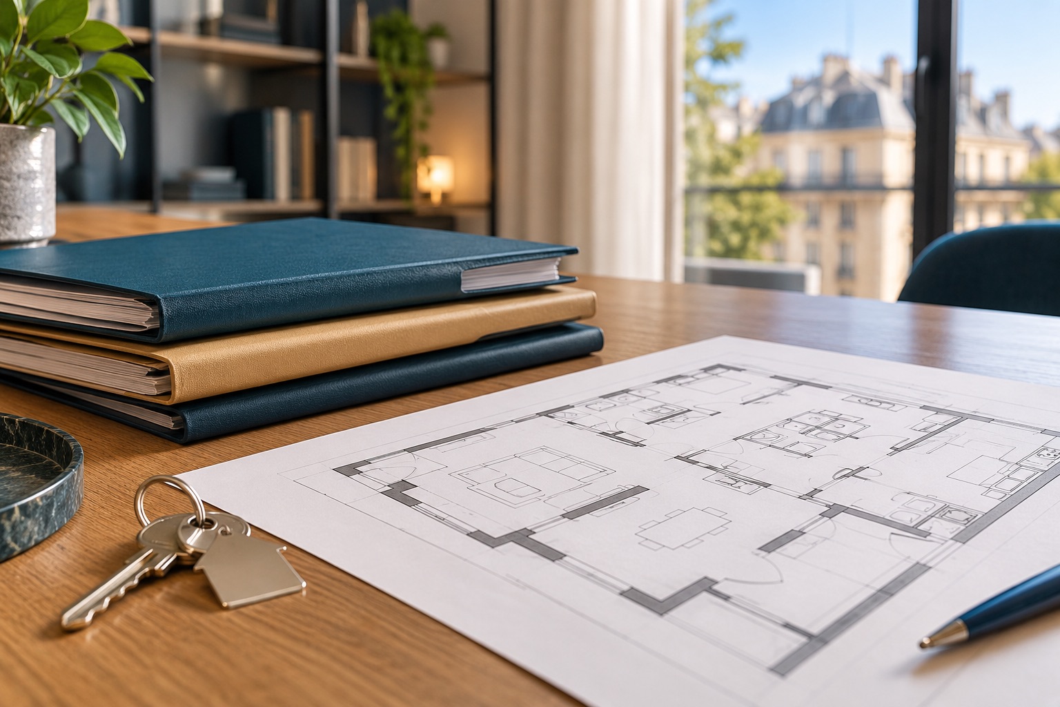 Plan d’immeuble sans inscriptions, trois dossiers neutres et une clé sur une table de gestion immobilière, aucune marque ni seuil affiché. Illustration générée.
