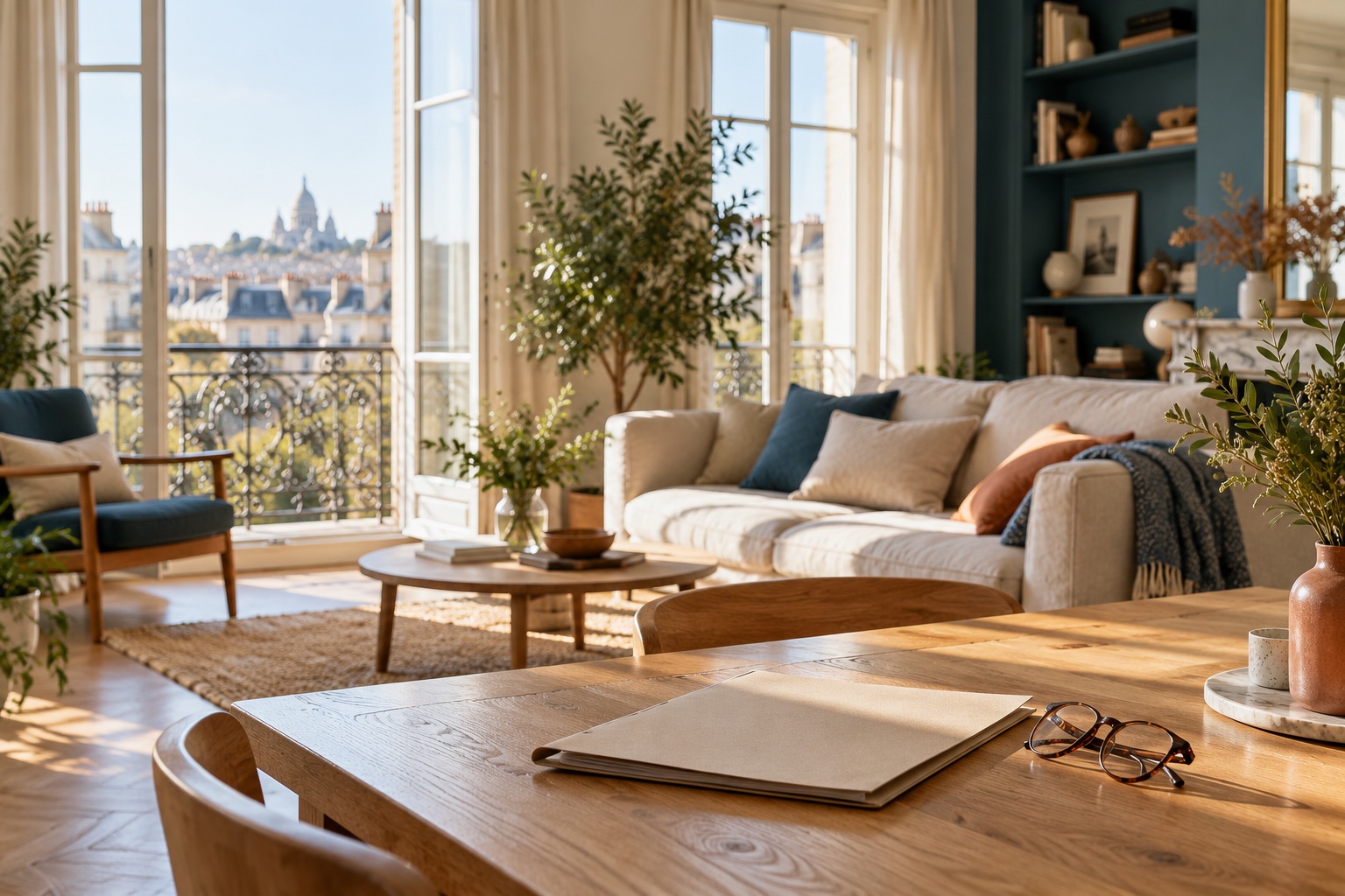 Appartement français chaleureux avec table en chêne, dossier neutre, canapé et fenêtres en profondeur. Illustration générée.