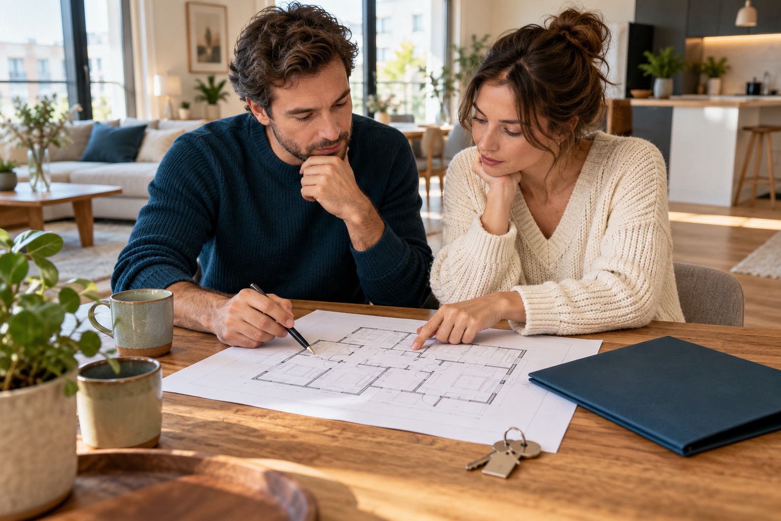 Clés et dossier de prêt examinés sur une table de logement, scène illustrative. Illustration générée.