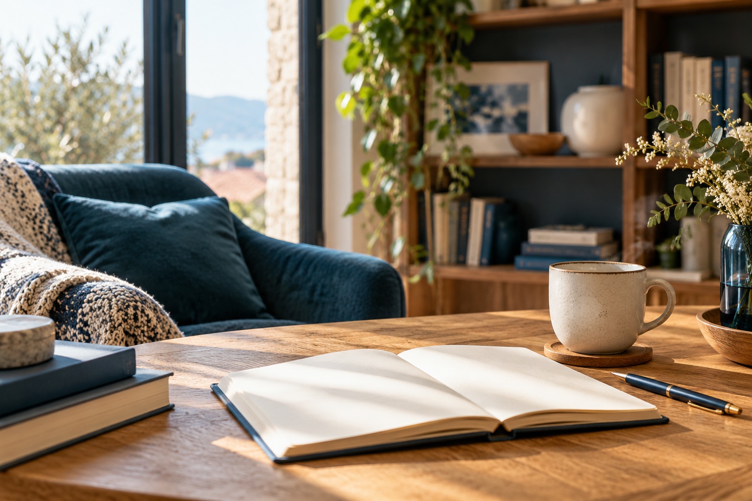 Coin de lecture chaleureux, carnet éditorial vierge et tasse sur une table en chêne, aucune personne attribuée à l’équipe. Illustration générée.