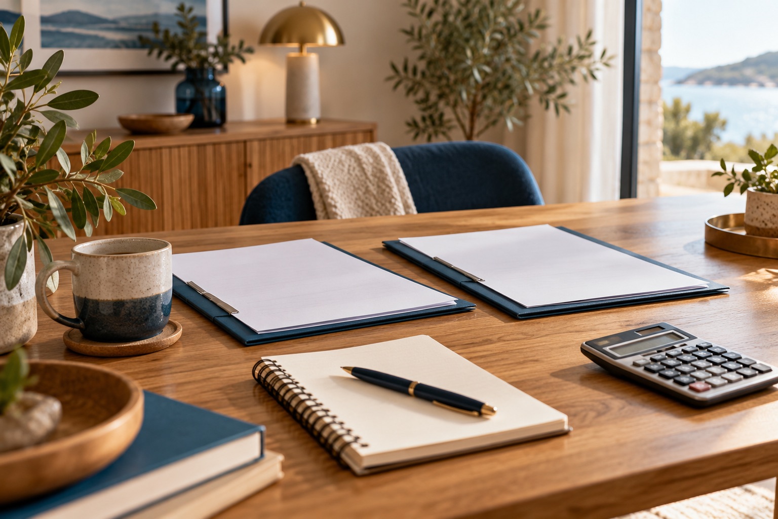 Table de préparation avec deux dossiers vierges, carnet et calculatrice neutre, profondeur de bureau sans écran tarifaire. Illustration générée.