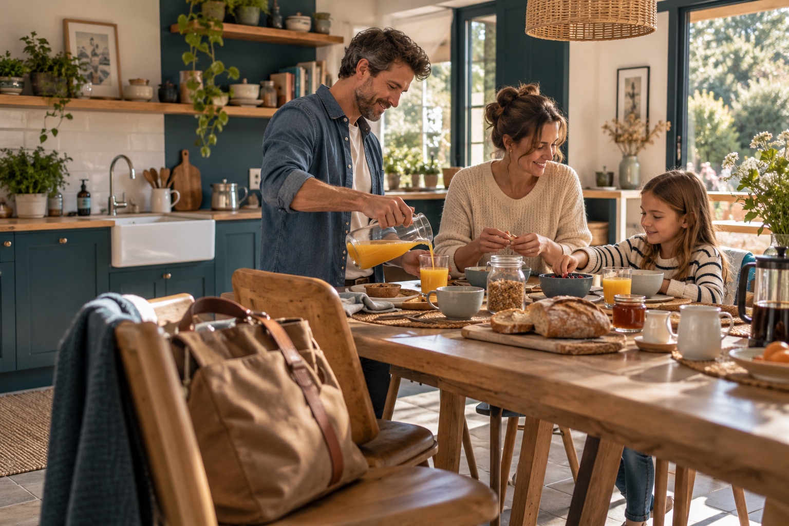 Scène familiale de petit déjeuner, sac de travail au premier plan et lumière chaude, sans événement dramatique. Illustration générée.
